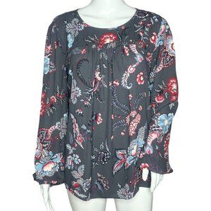 Loft Blouse Women’s Medium Gray Multicolor Floral Mixed Media Long Sleeve Boho‎
